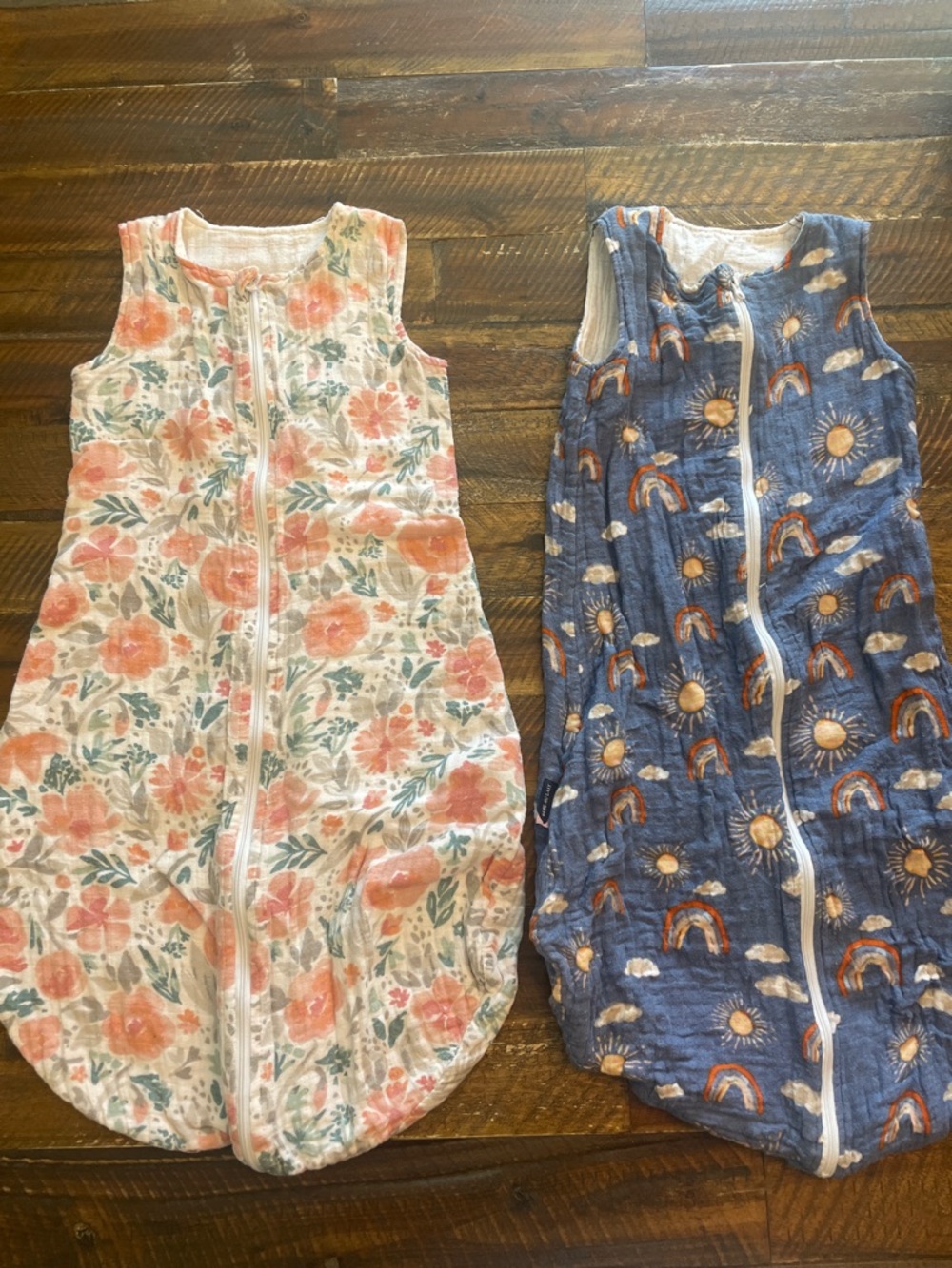 Bebe au Lait Peach Floral and Navy Sun & Rainbow Sleep Sacks